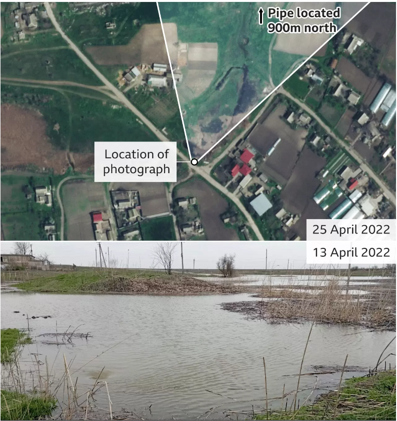 На знімку місцевості біля перебитого росіянами водопроводу помічене часткове підтоплення території 