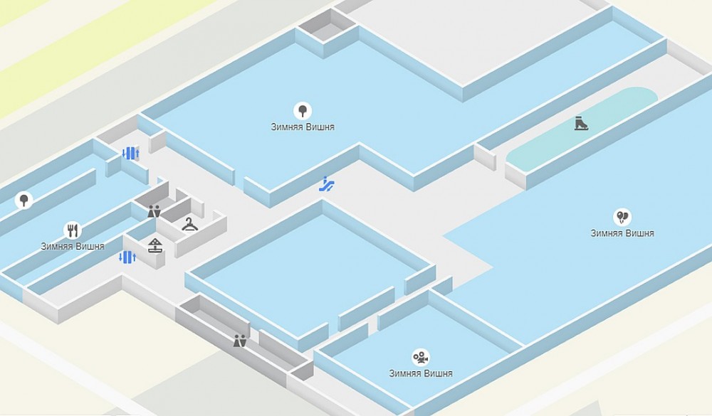 Схема четвертого этажа ТРЦ "Зимняя вишня" в Кемерово - именно здесь, в кинотеатре, оказались заблокированы люди Фото: 2gis.ru