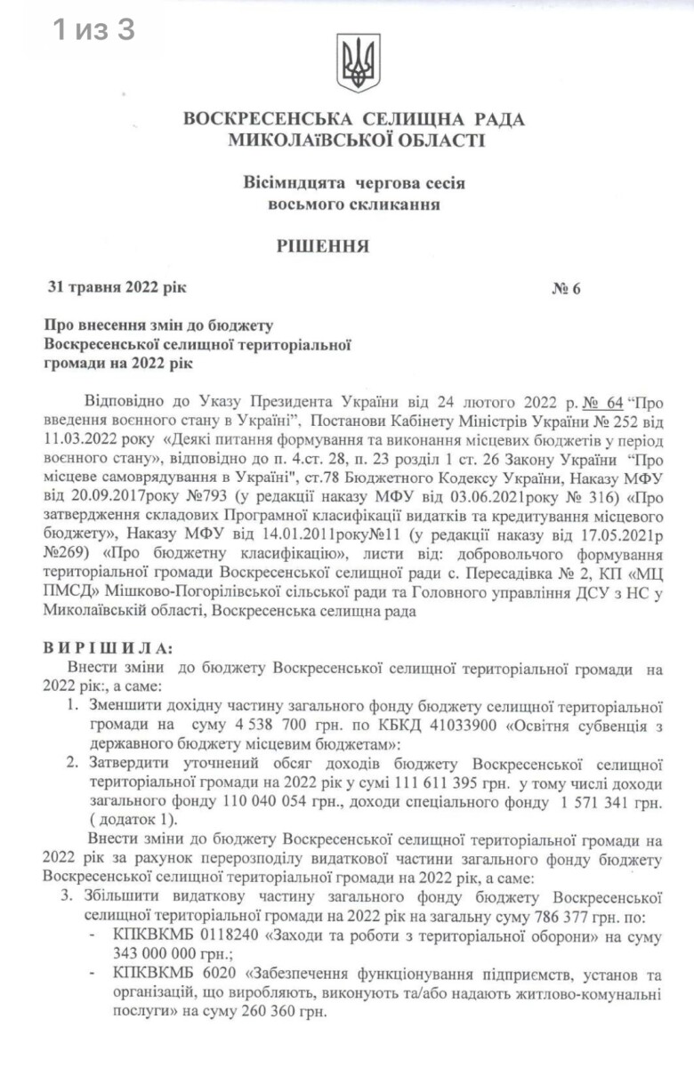 Рішення сесії Воскресенської селищної ради від 31.05.2022