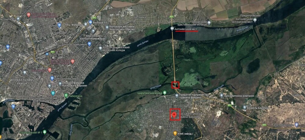 Місця вибухів в Олешках на Херсонщині. Джерело: Googla maps