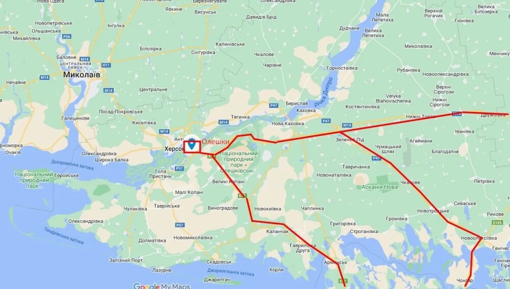 Олешки - центр перетину транспортних артерій, якими армія рф перекидає зброю та живу силу. Джерело: Googlе maps
