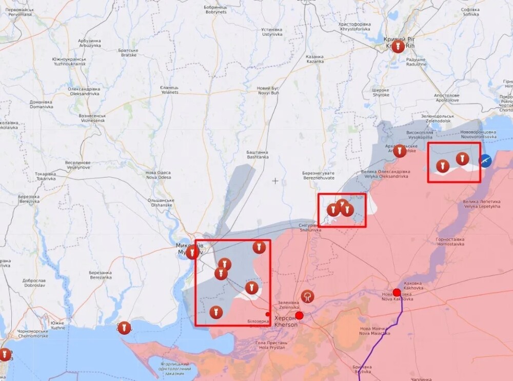 Місця обстрілів на лінії фронту на Херсонщині