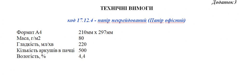 Технические требования к товару, обозначенные в тендерной документации от 3 сентября